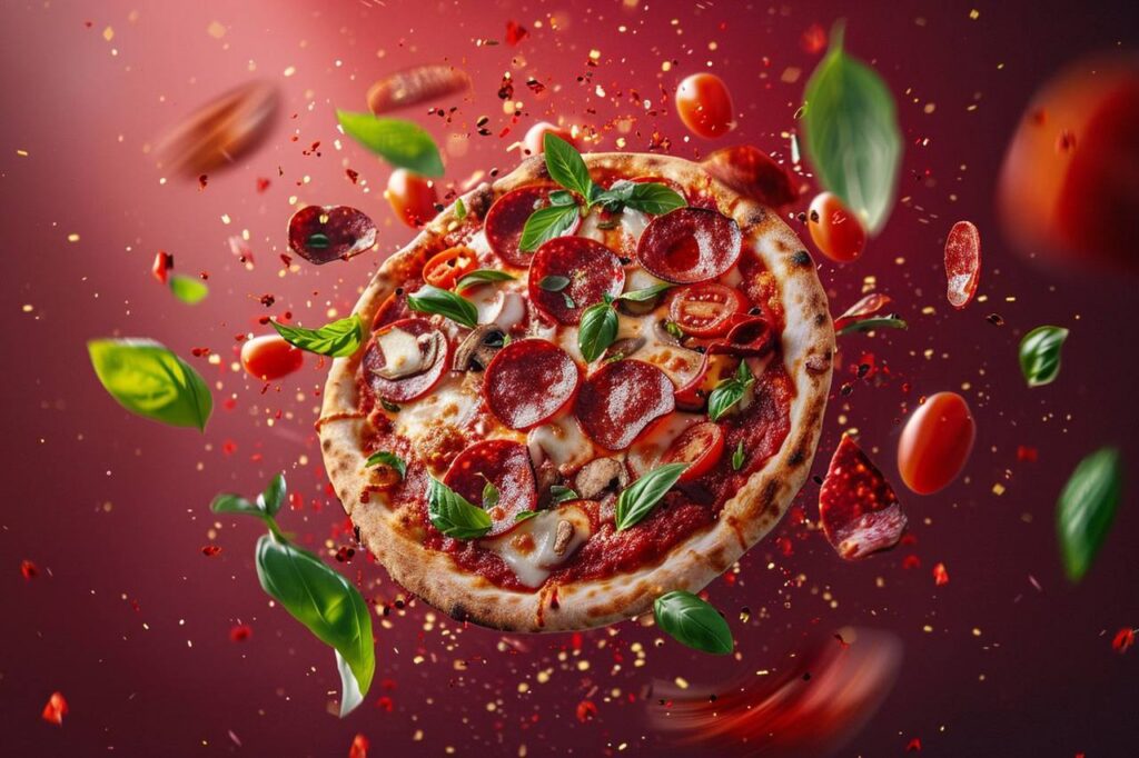 Промпт еды парящей в воздухе на цветном фоне в минималистичном, высоком разрешении - Пример 1