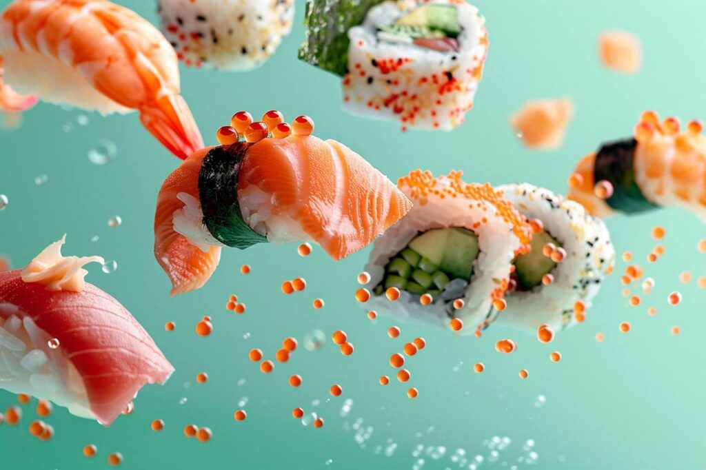 Промпт еды парящей в воздухе на цветном фоне в минималистичном, высоком разрешении - Пример 4