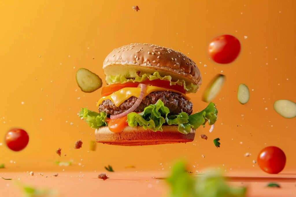 Промпт еды парящей в воздухе на цветном фоне в минималистичном, высоком разрешении - Пример 3