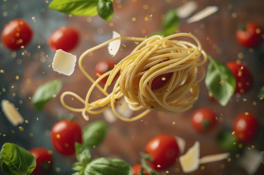 Промпт еды парящей в воздухе на цветном фоне в минималистичном, высоком разрешении - Пример 2