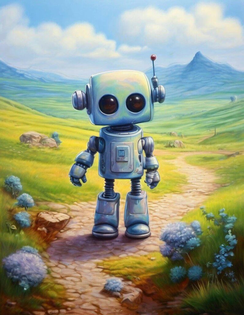 Промпт робот ищет приключения, нежная живопись, мультяшный пейзаж - Пример 1