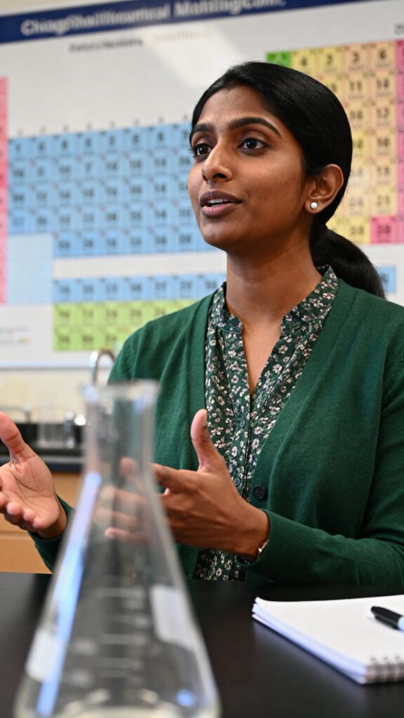 Priya high-school chemistry teacher, half-body - Пример 1