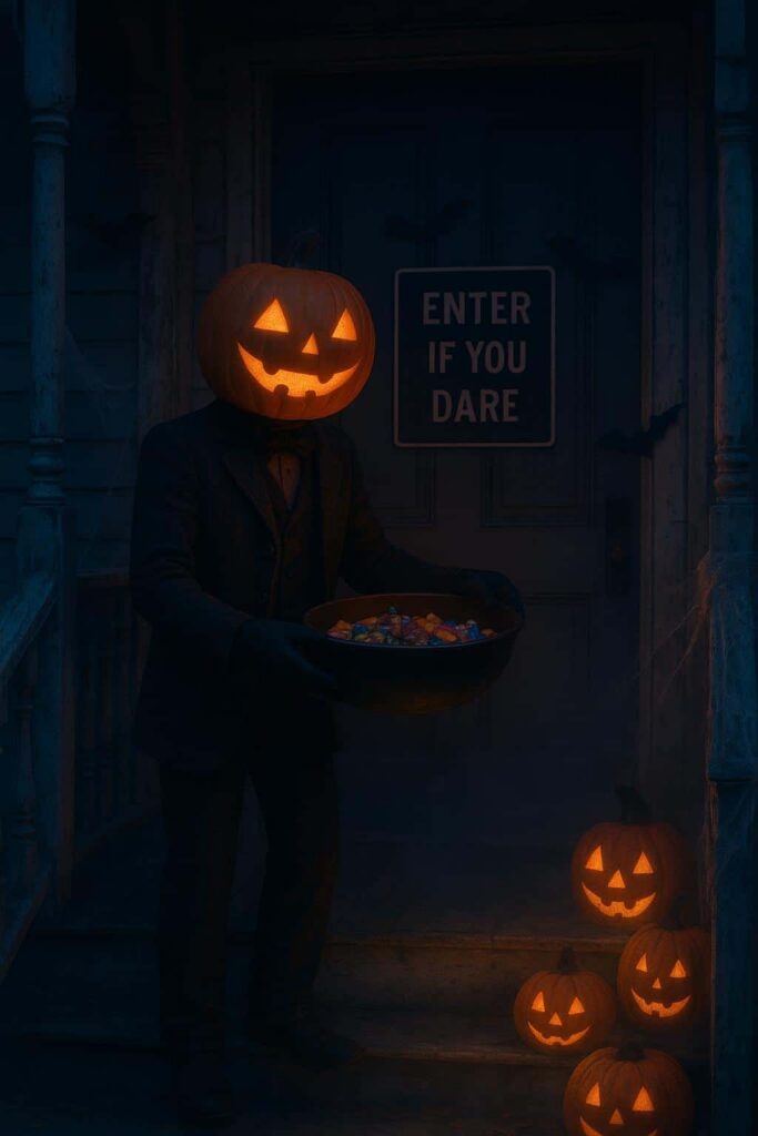 Pumpkin-head door greeter on porch - Пример 1