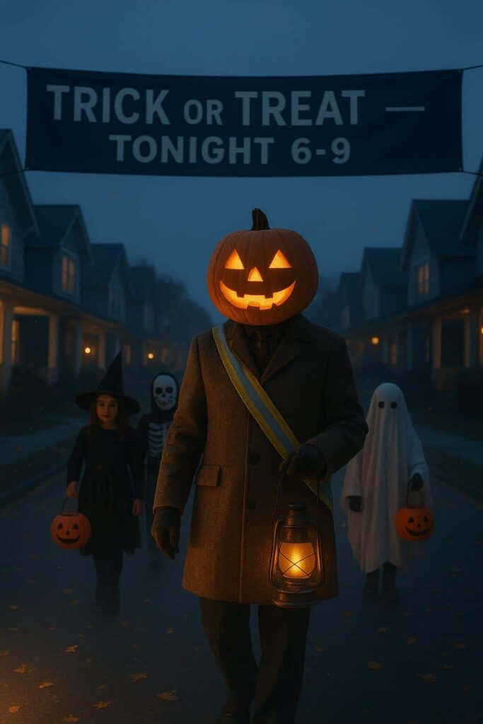 Pumpkin-head parade marshal leading procession - Пример 1