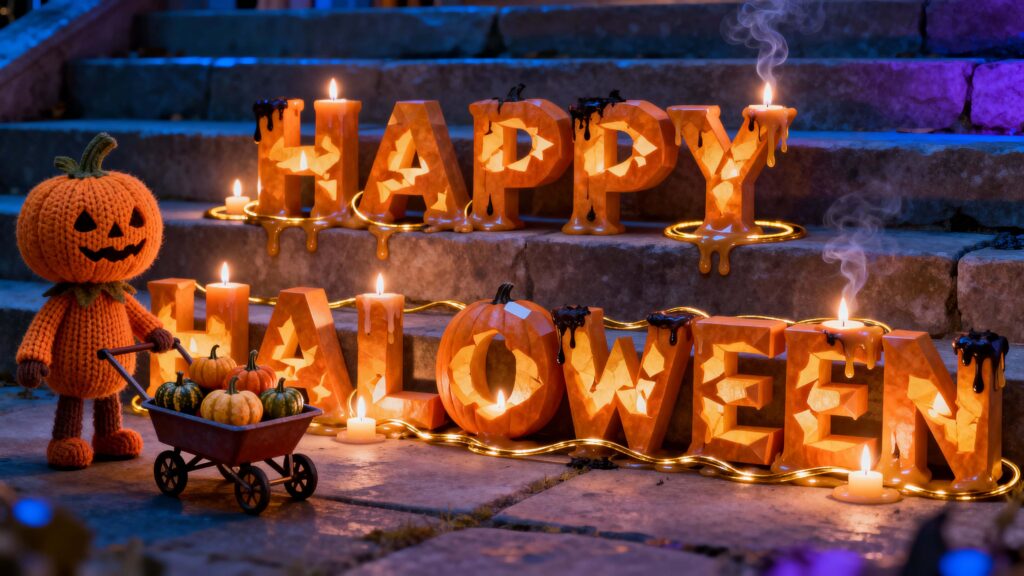 Pumpkin-letter Halloween lantern scene with knit character - Пример 1