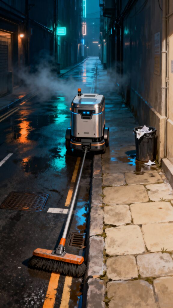 Robot cleaning street at night - Пример 1