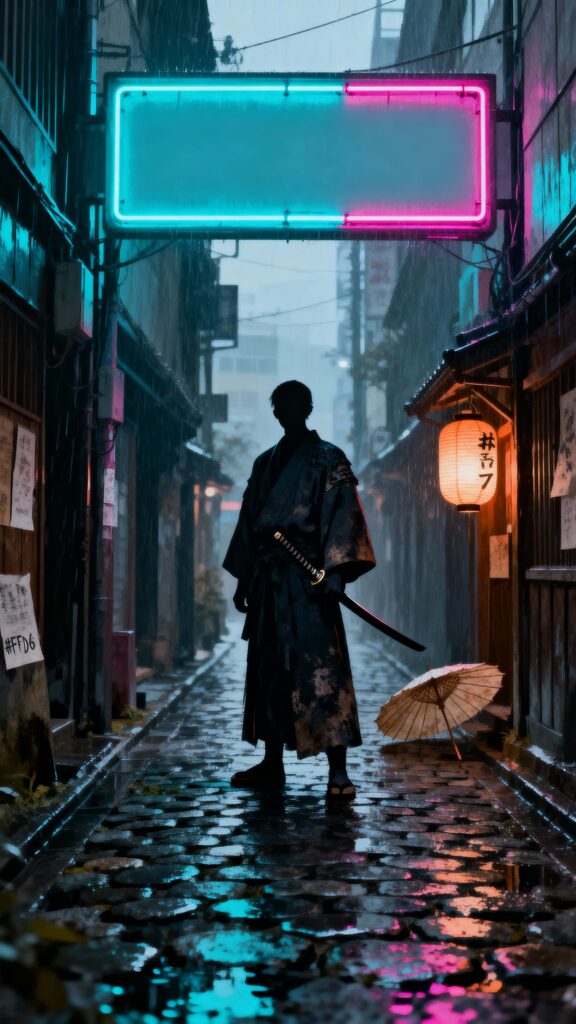 Samurai silhouette under neon sign - Пример 1
