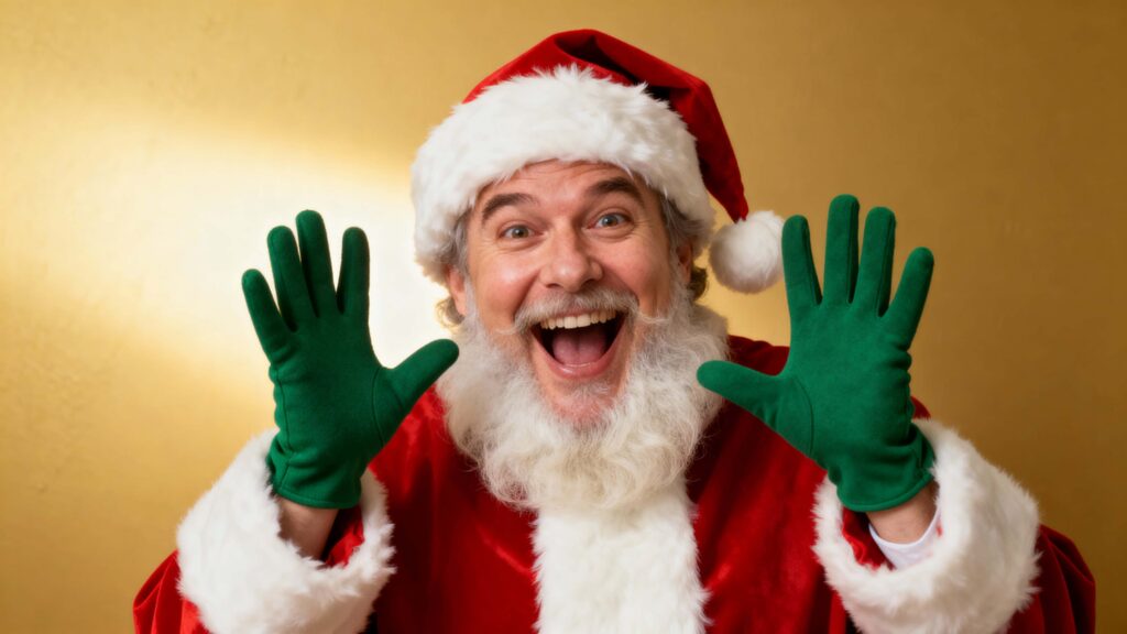 Santa presenting joyful pose in golden studio - Пример 1