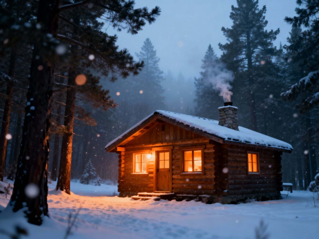 Snowy Cabin at Twilight - Пример 1