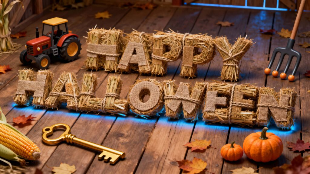 Straw-bale Halloween harvest display on barn floor - Пример 1