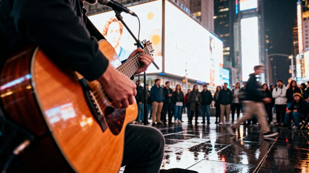 Street Performer Playing Guitar at Night - Пример 1