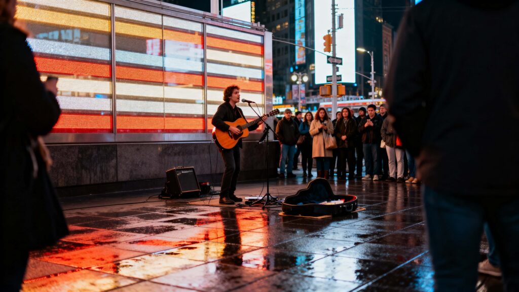 Street Performer Playing Guitar at Night - Пример 1