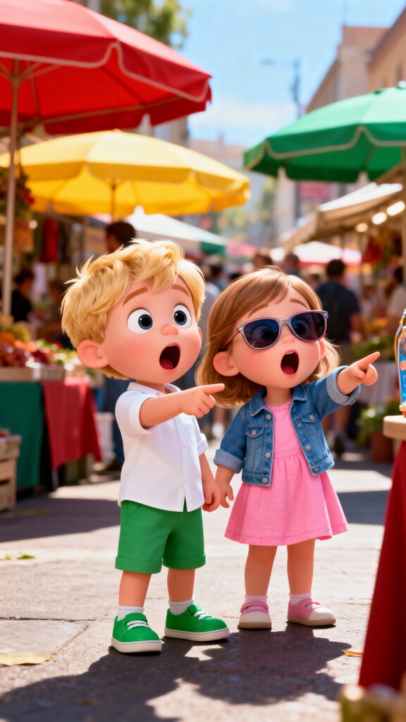 Surprised Toddlers at a Vibrant Street Market - Пример 1