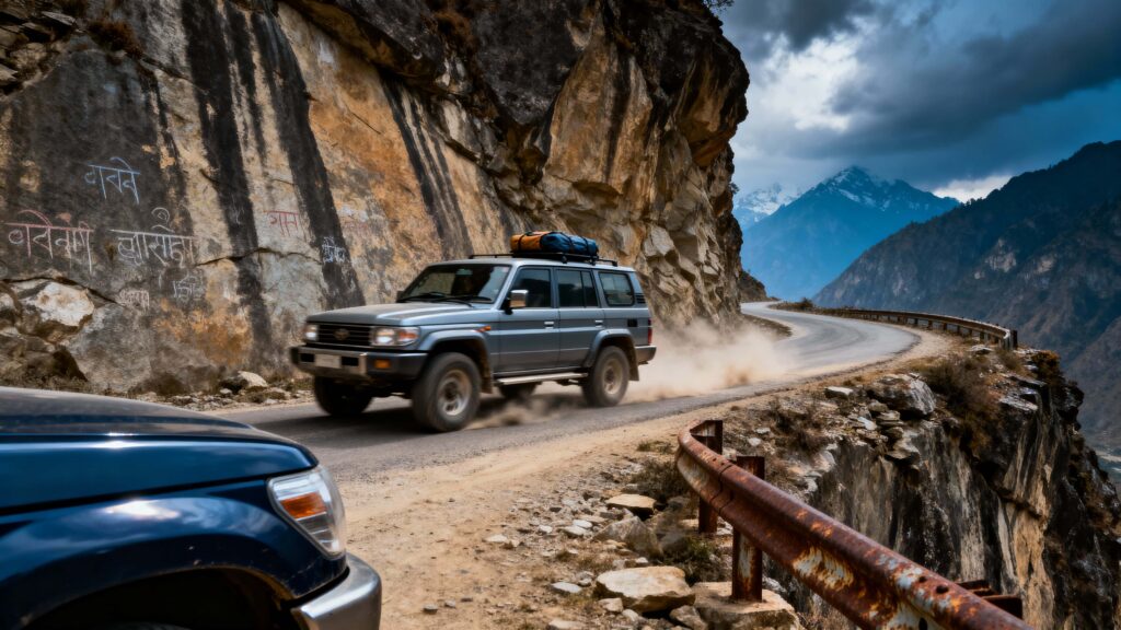 SUV climbing Himalayan cliff road - Пример 1