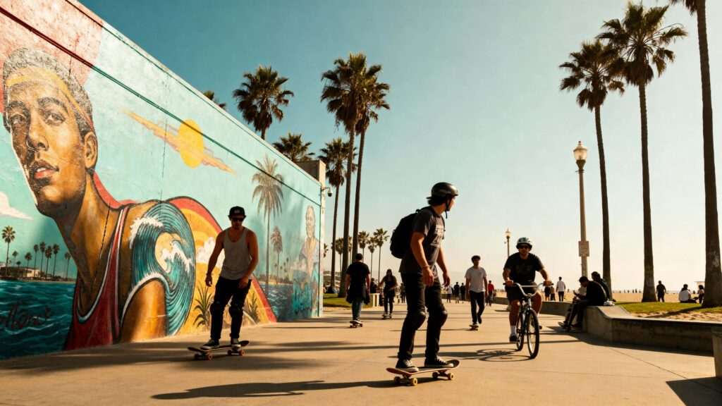 Venice Beach skaters and cyclists daylight - Пример 1