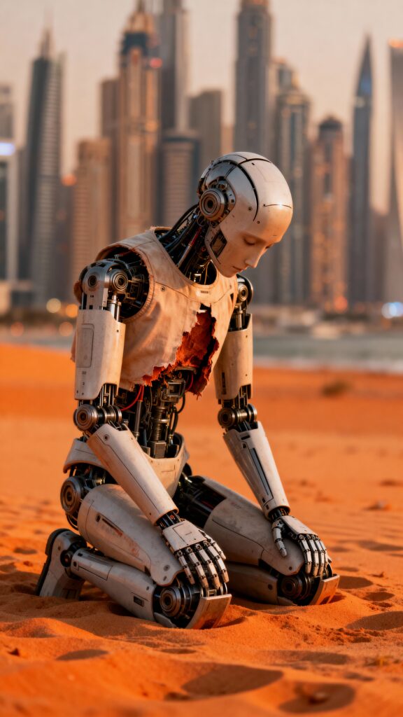 Weathered Android at Sunset — 1970s Sci‑Fi Portrait - Пример 1