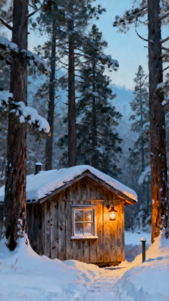 Wooden Cabin in Snowy Forest Vertical - Пример 1