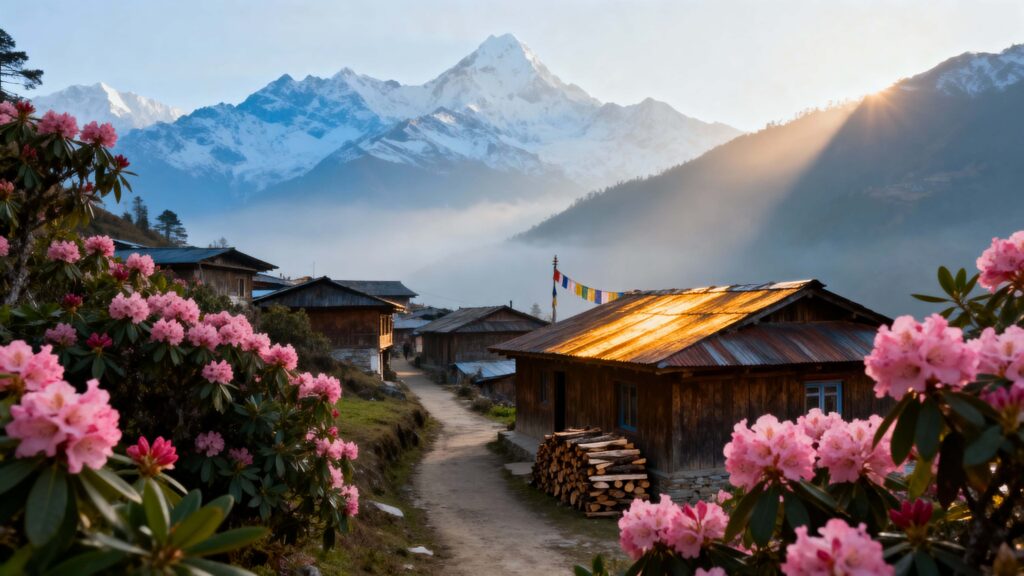 Wooden village with rhododendrons and mountains - Пример 1
