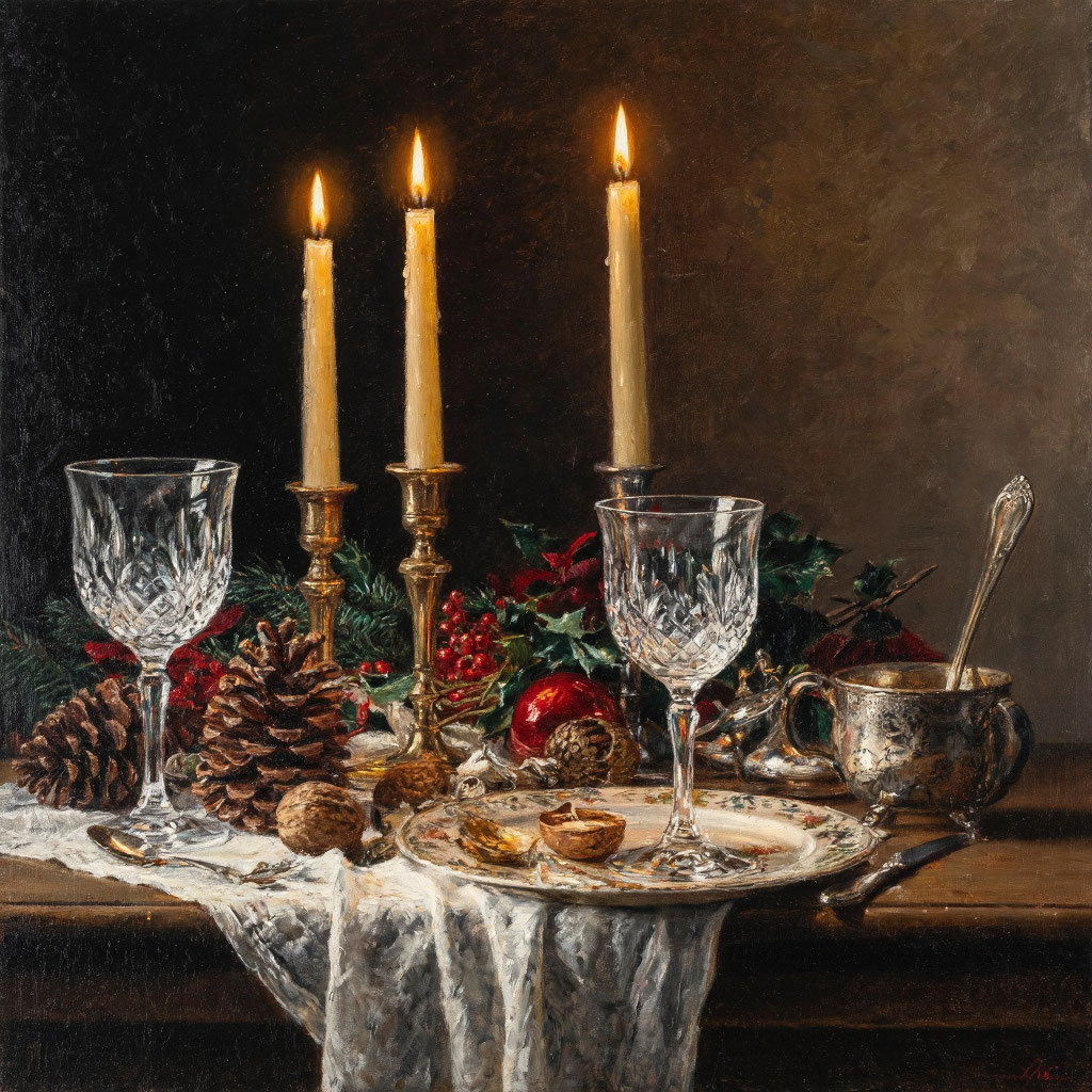 Рождественский натюрморт маслом с драматическим светом - Пример 1