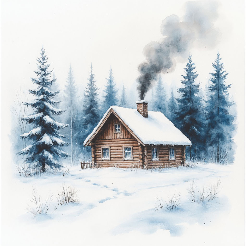 Акварельный домик в зимнем лесу - Пример 1