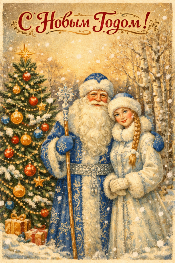 Винтажная новогодняя открытка в традиционном русском стиле