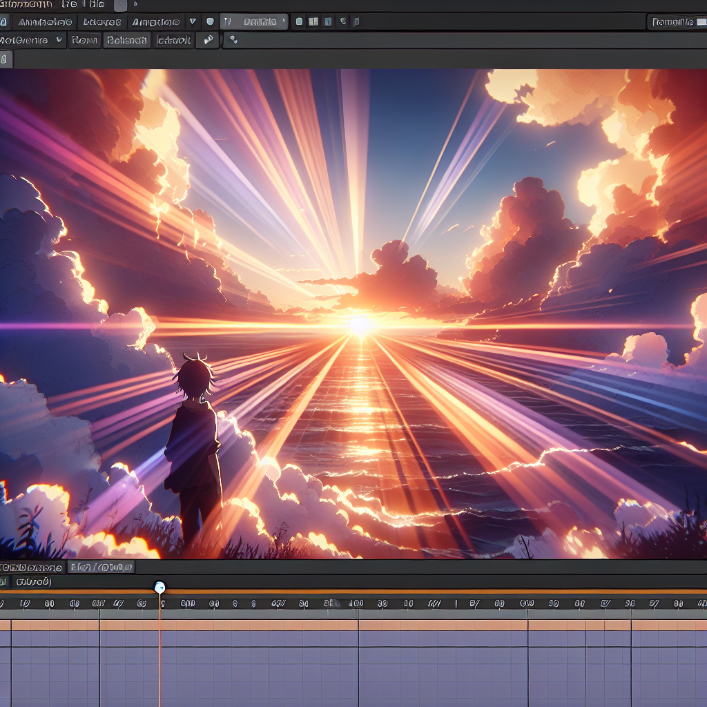 Аниме-сцена в стиле Макото Синкая с кинематографичным закатом