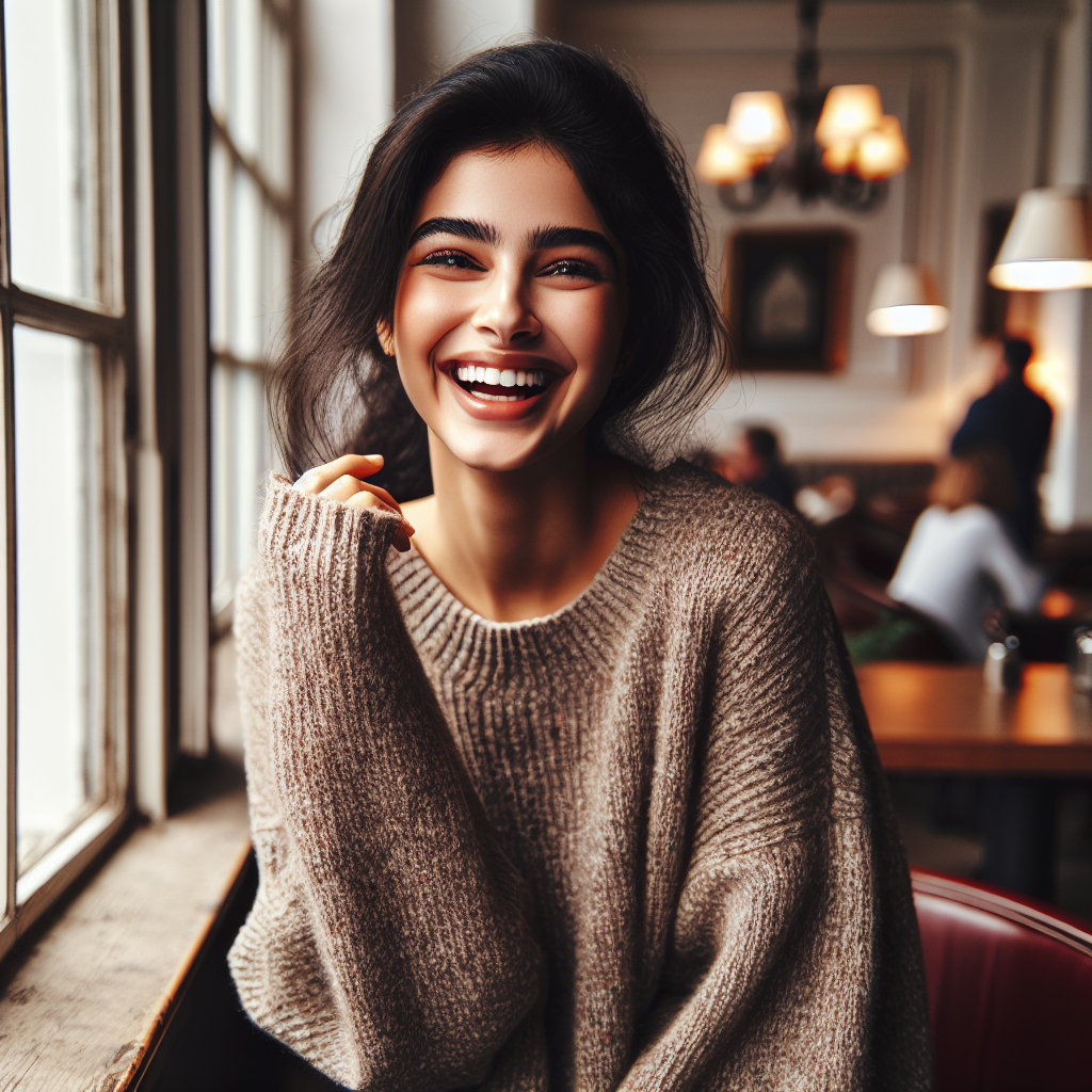 Естественный портрет смеющейся девушки у окна — лайфстайл фотография в кафе