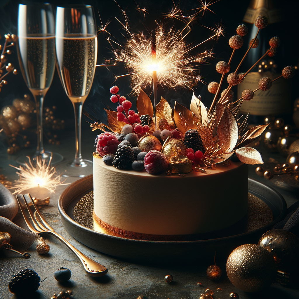 Новогодний десерт — муссовый торт с шампанским и золотом в ресторанной подаче