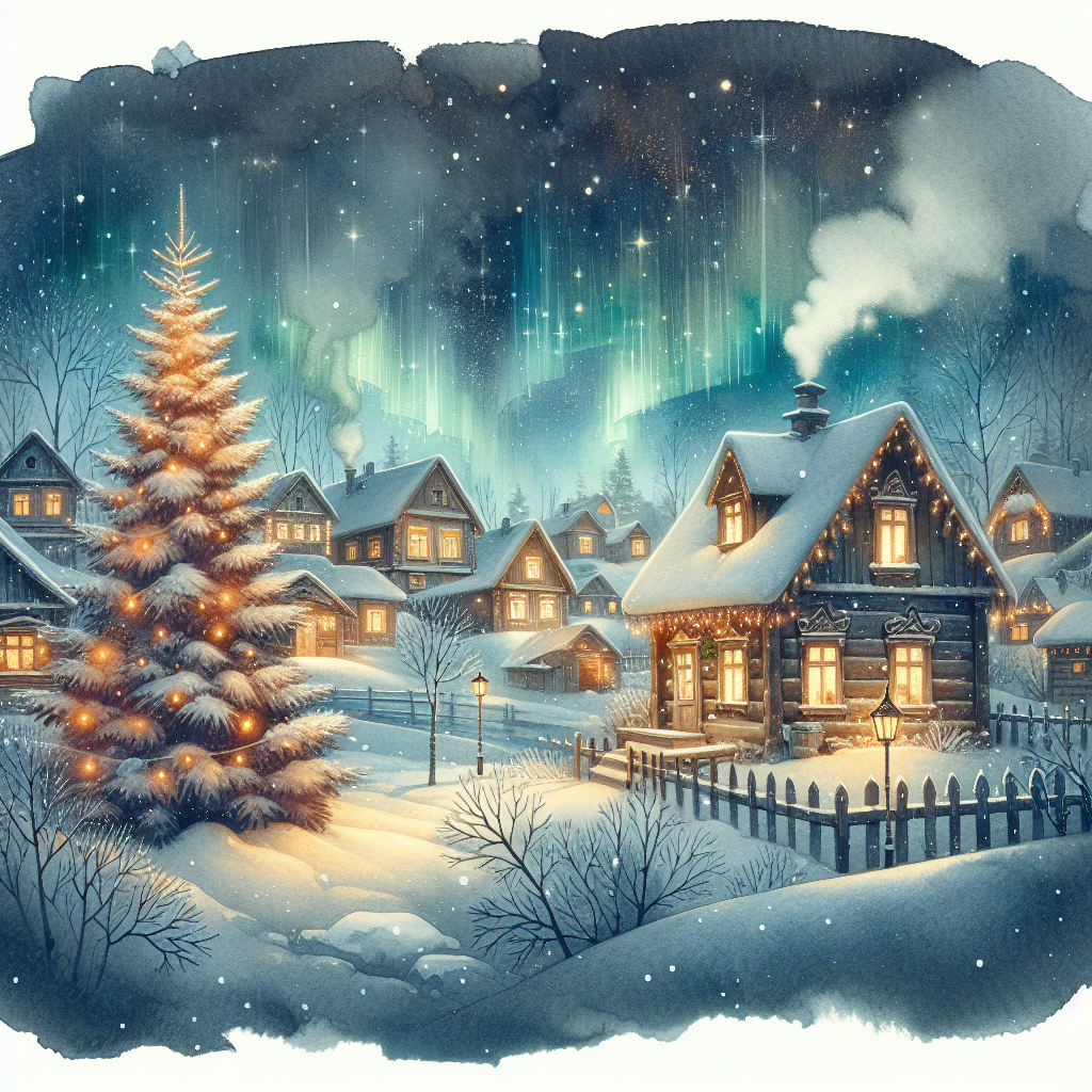 Уютная новогодняя иллюстрация: заснеженная русская деревня ночью