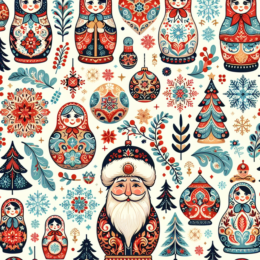 Бесшовный русский новогодний паттерн с Дедом Морозом и матрёшками