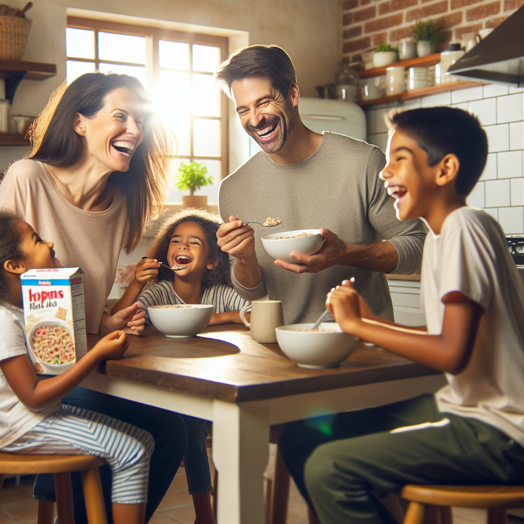 Рекламное фото семьи за завтраком на кухне