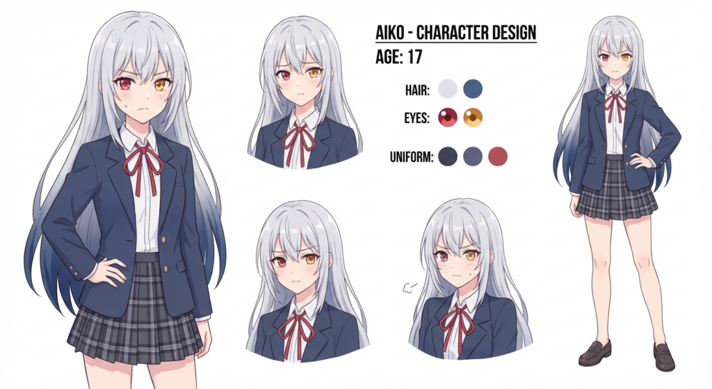 Дизайн персонажа аниме-девушки: референс-лист с цундэрэ-характером