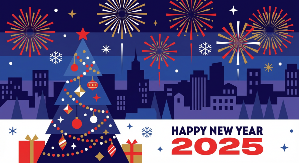 Новогодняя открытка с зимним городом в стиле флэт-дизайна