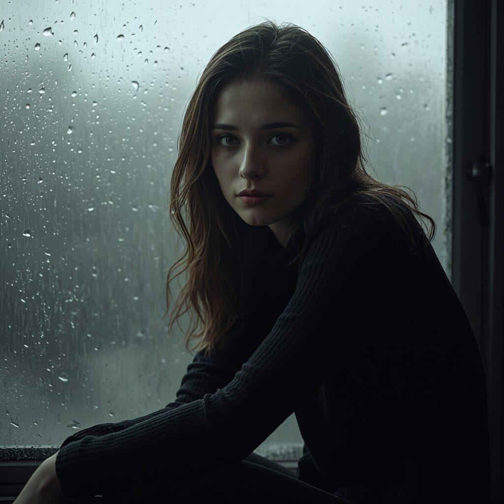 Меланхоличный портрет женщины у дождливого окна - Пример 1