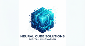 Логотип IT-компании: абстрактный куб из цифровых пикселей в синем градиенте