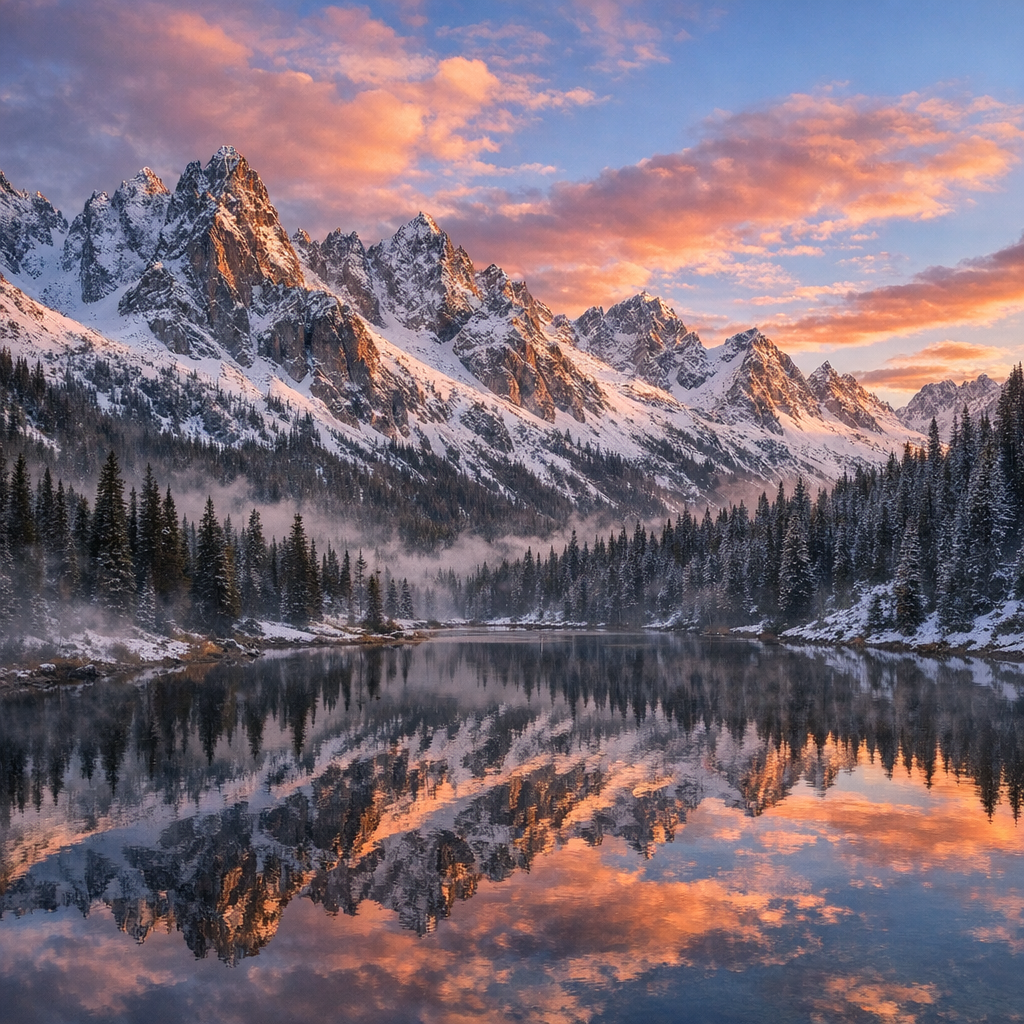 Горный рассвет с альпийским озером в стиле National Geographic