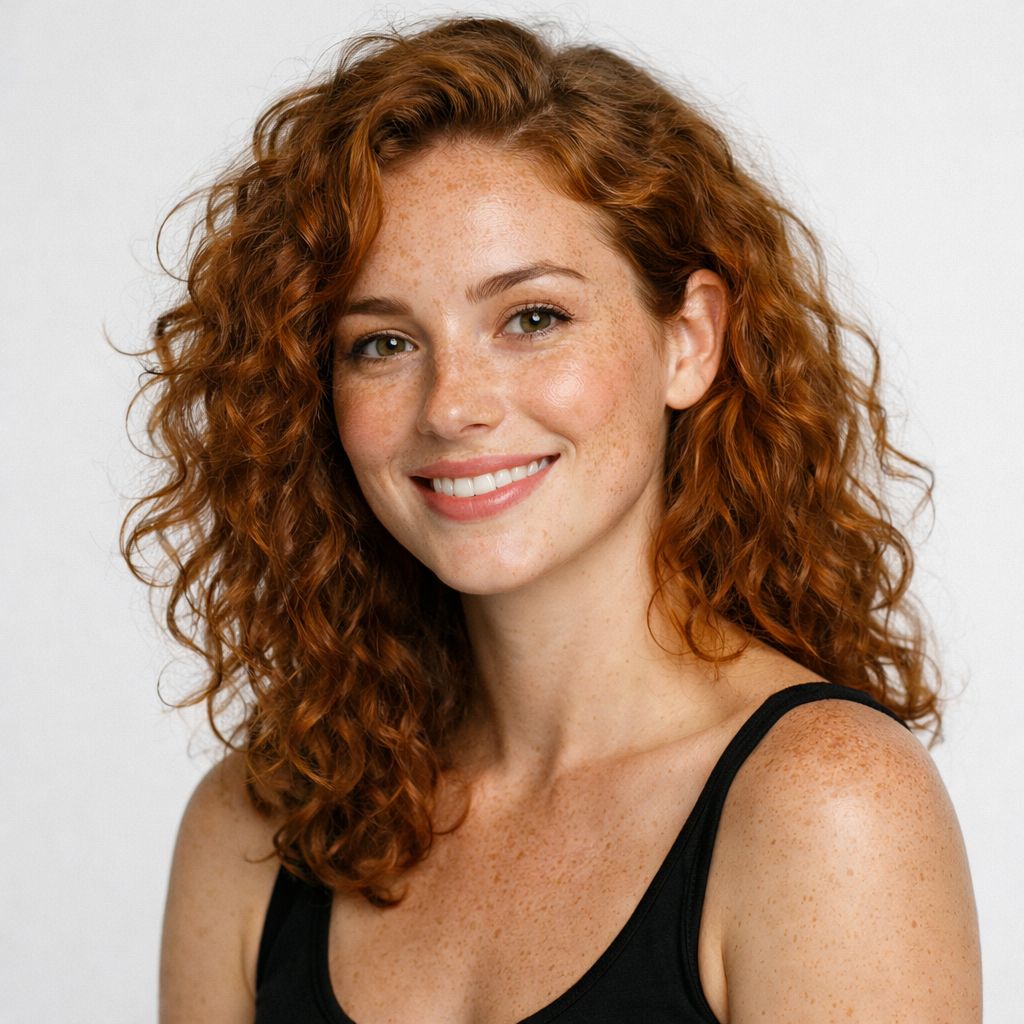 Студийный портрет девушки с рыжими волосами и веснушками