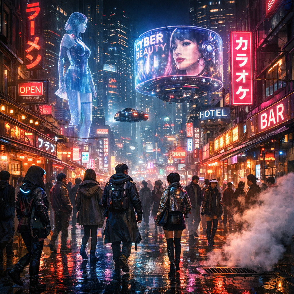 Ночная киберпанк-улица мегаполиса с неоном и голограммами