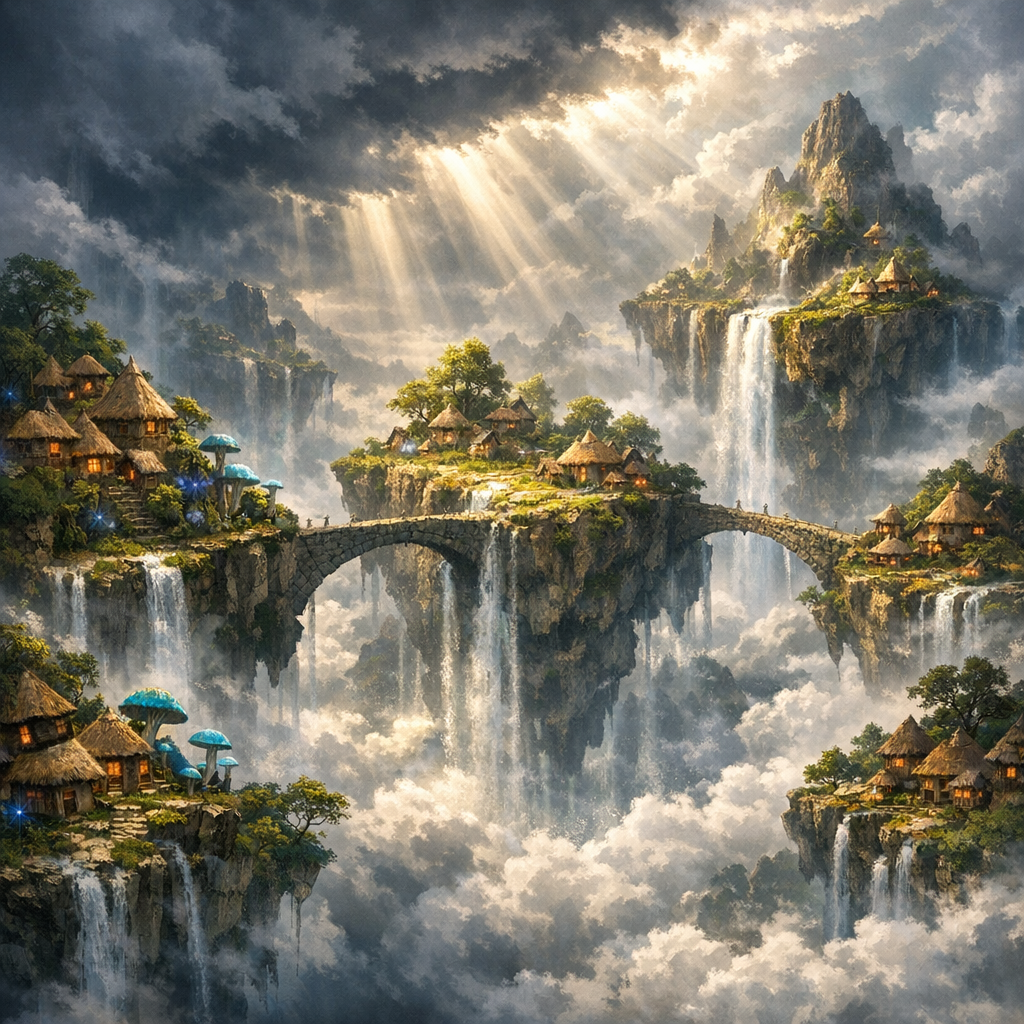 Парящие фэнтези-острова с древними мостами и водопадами