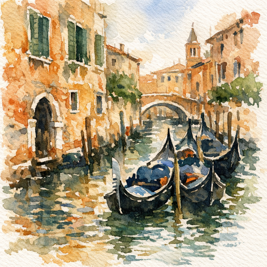 Акварельный венецианский канал с гондолами - Пример 1