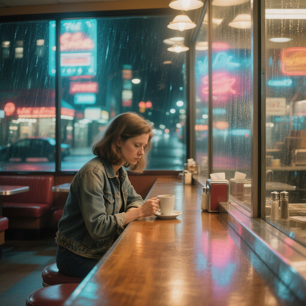 Кинематографичный кадр в ночном кафе в стиле Хоппера - Пример 1