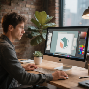 Лайфстайл-фото графического дизайнера за рабочим местом — креативный минималистичный домашний офис