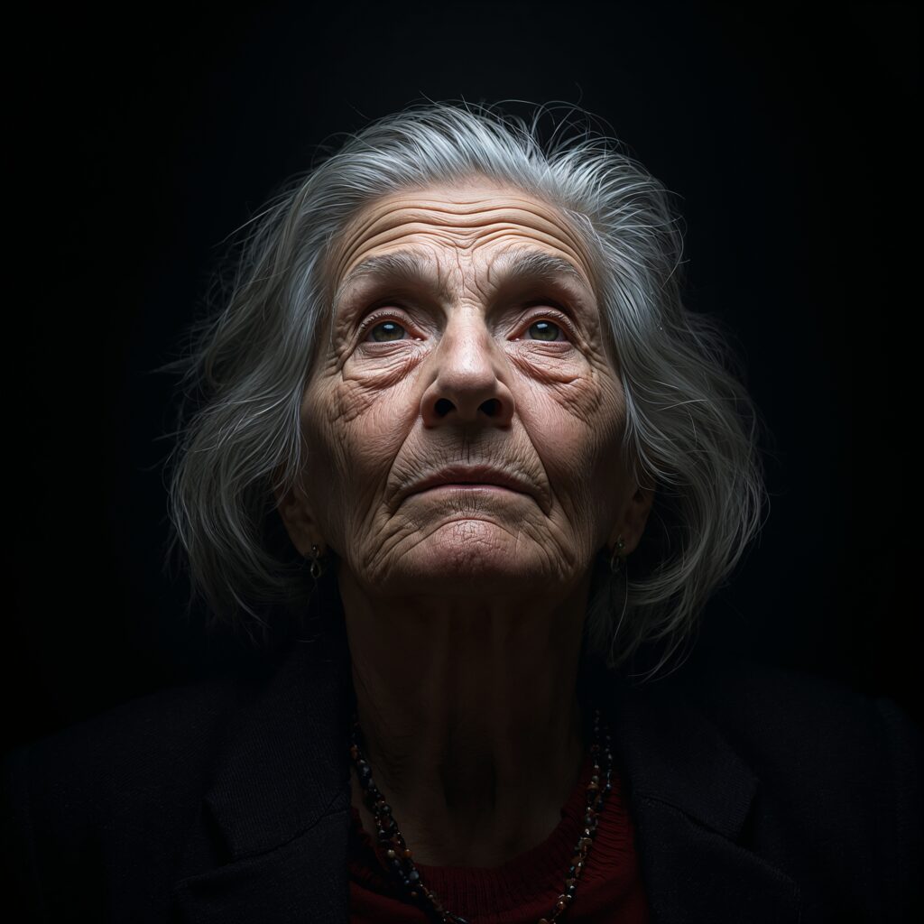 Драматический портрет пожилой женщины с серебряными волосами