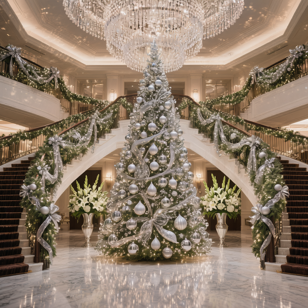 Роскошное лобби отеля к Новому году | Премиум-интерьер с хрустальными люстрами и ёлкой
