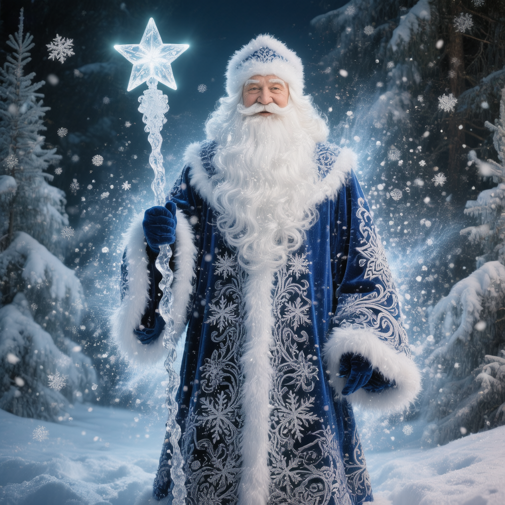 Фотореалистичный Дед Мороз в волшебном зимнем лесу