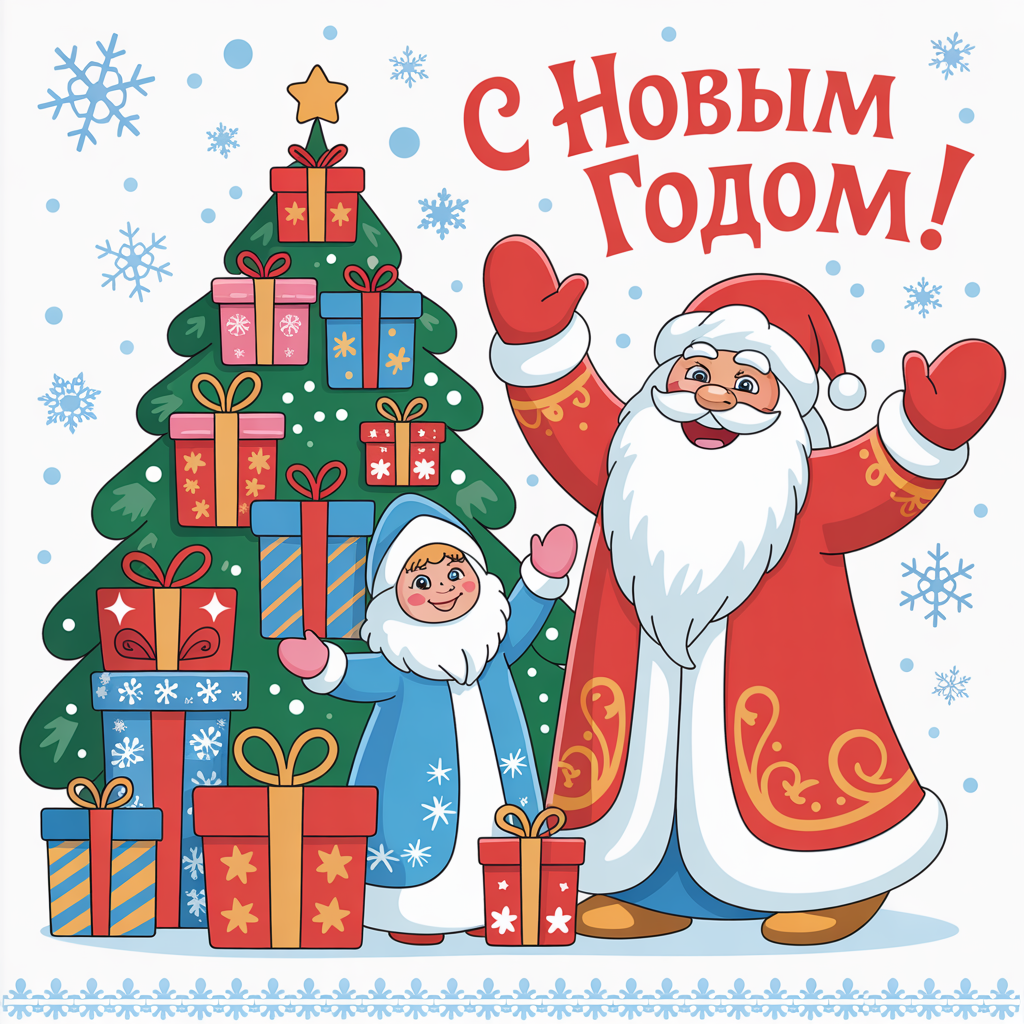 Новогодняя открытка с Дедом Морозом и Снегурочкой в мультяшном стиле