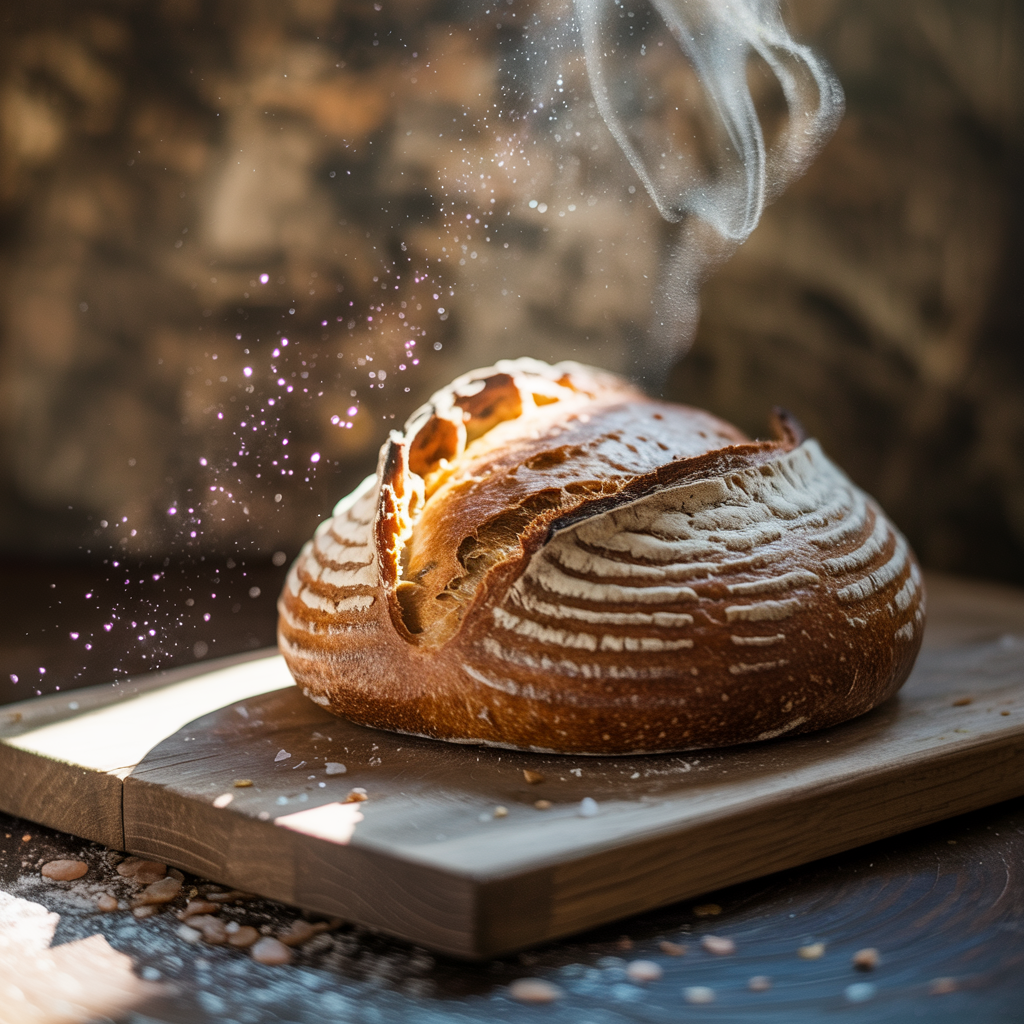 Профессиональная фуд-съёмка ремесленного хлеба на закваске в кинфолк-стиле на тёмном фоне - Пример 1