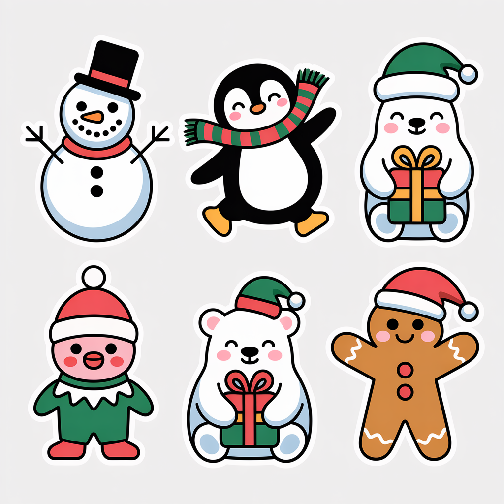 Набор новогодних стикеров — 6 милых кавайных персонажей для праздничного дизайна