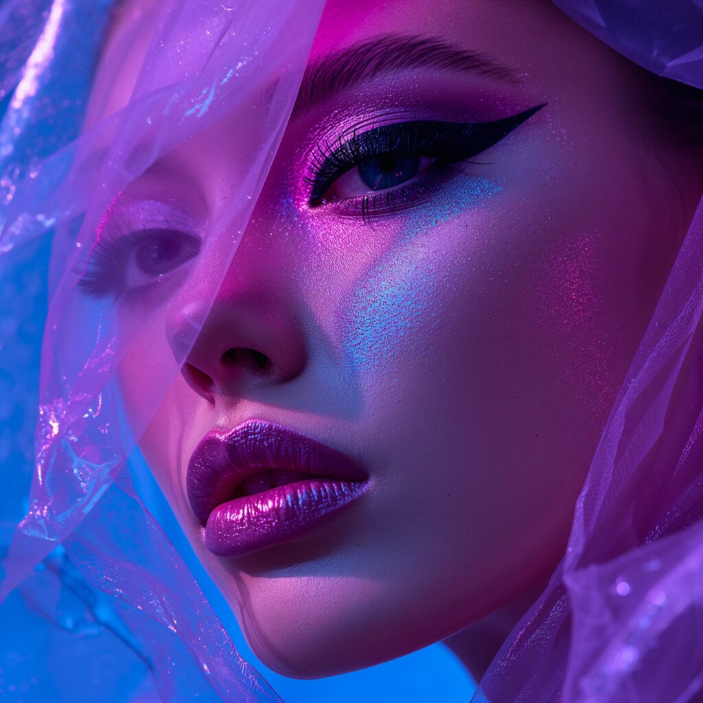 Арт-бьюти портрет с графичным лайнером и цветным гелевым светом для рекламы люксовой косметики