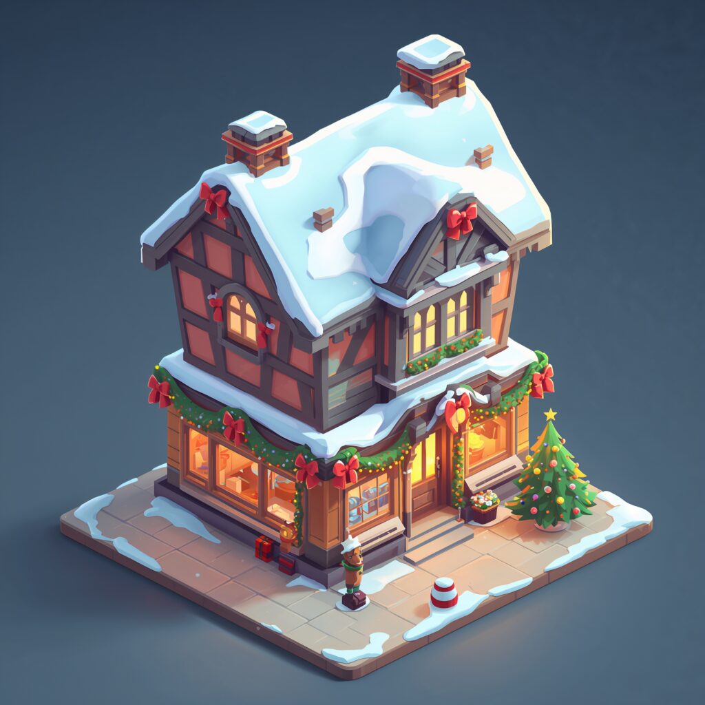 Уютный Новогодний Магазин Игрушек: Изометрический Игровой Ассет